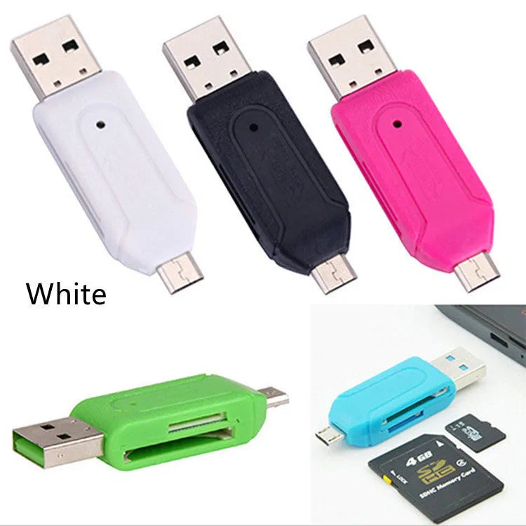 White OTG card reader showing both USB and micro USB connectors for phones and computers.