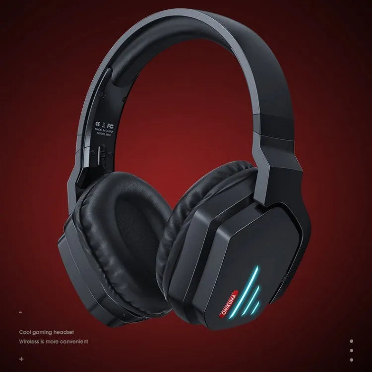 Luminous black wireless headphones with head-mounted design showing ear cups and adjustable headband