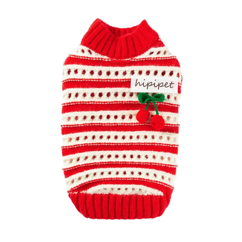 Red knitted cherry pet sweater with white stripes and 3D cherry embroidery for small dogs and cats