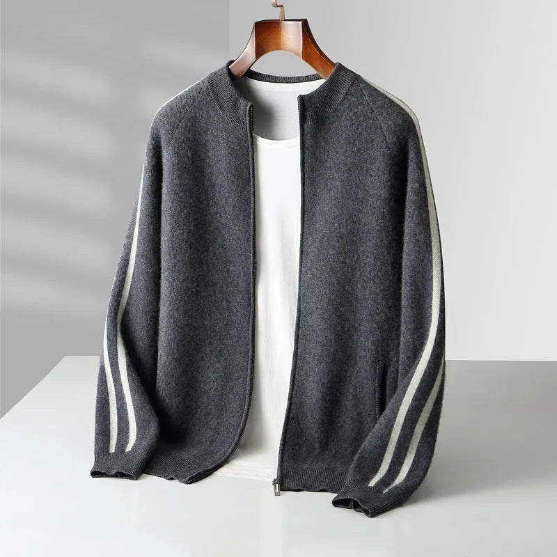Thickened pure wool half turtleneck cardigan in light gray with button front and long sleeves