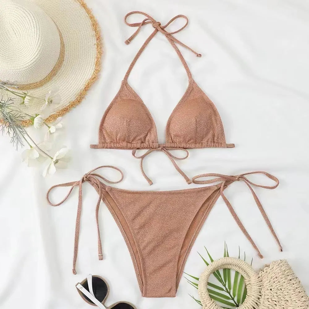 Women's bandage style bikini swimsuit set in polyester, shown in khaki gold colour.