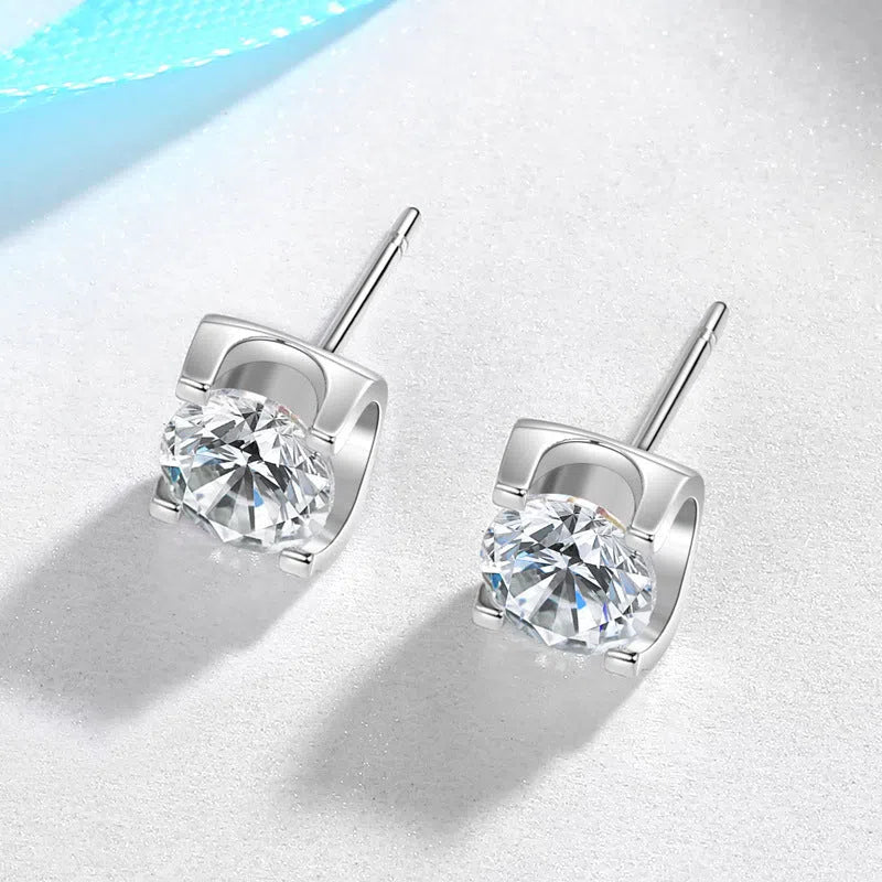 Bullhead artificial diamond stud earrings in white gold colour with 925 silver needle and geometric water flow design