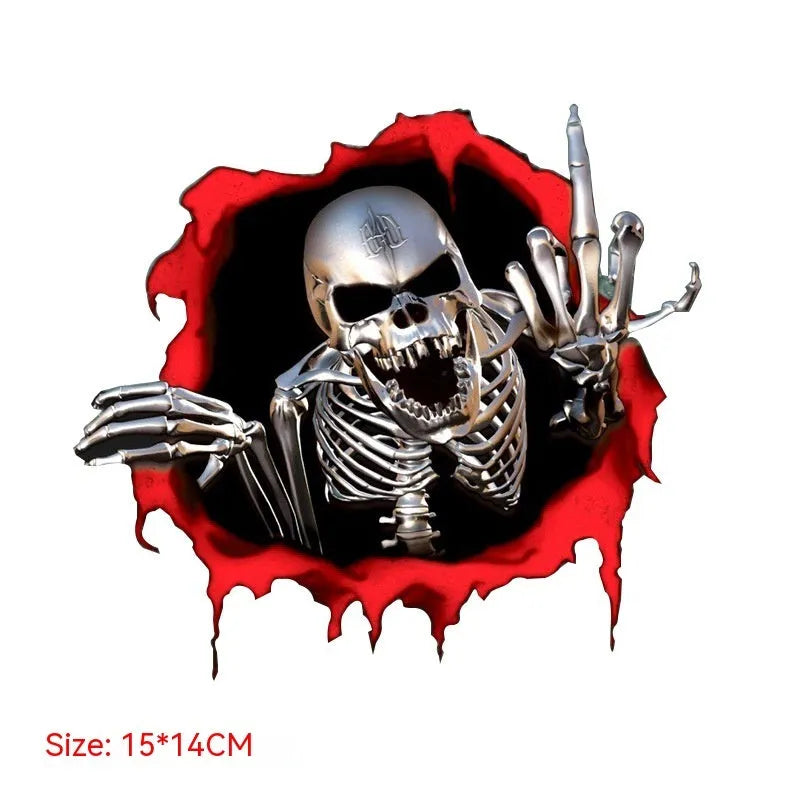Colourful broken shell metal skull bumper sticker measuring 15 by 14 centimetres