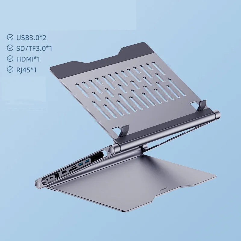 Aluminium alloy laptop stand with 8-in-1 docking station in deep space grey, cave-type design with silicone pads