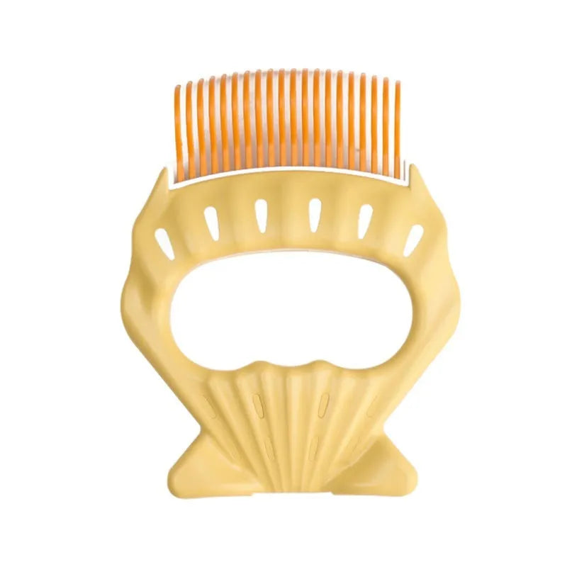 Shell-shaped pet grooming brush with bent wire bristles in green, orange and purple colour options