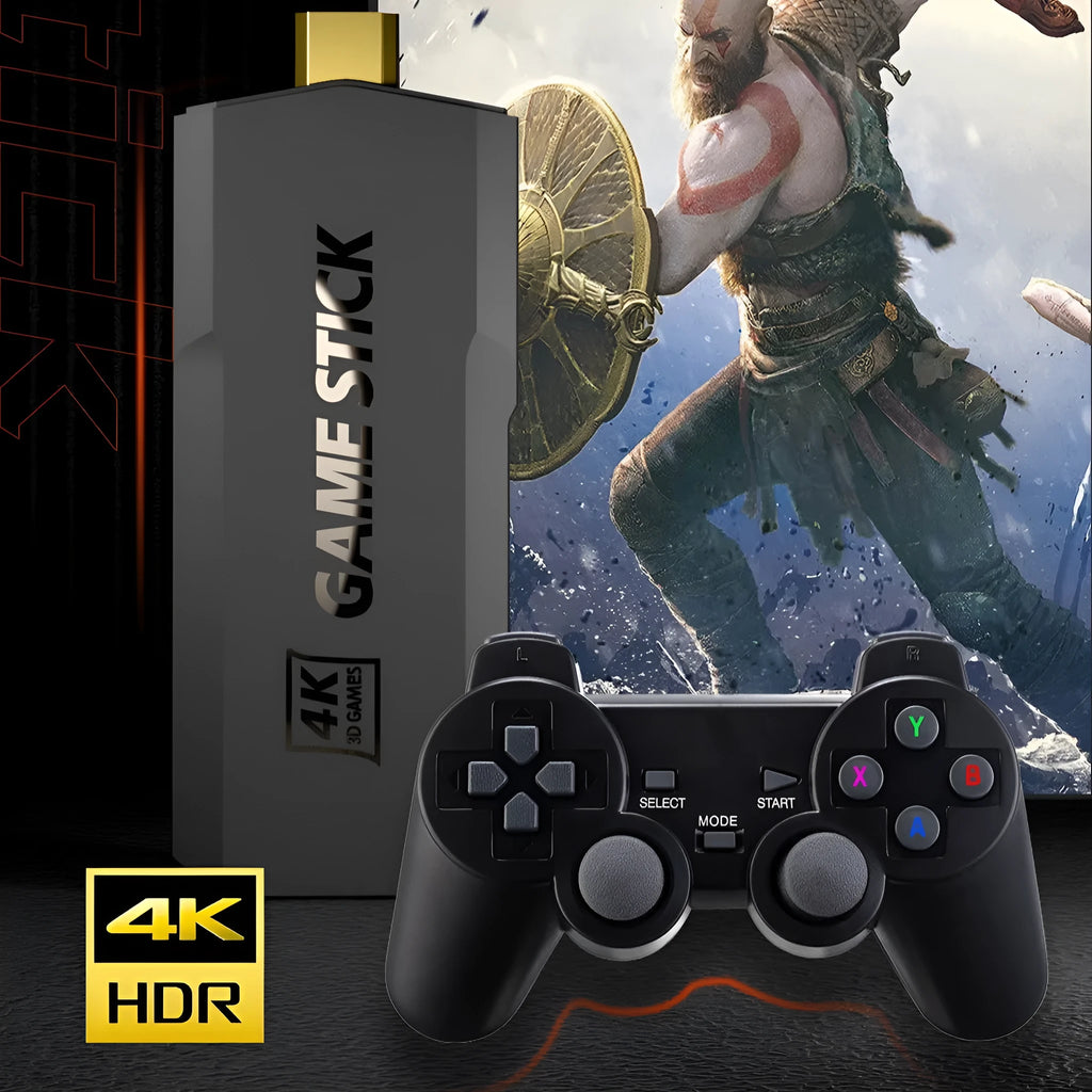 HD Home TV Game Console in e-sports style with wireless handle on a black surface