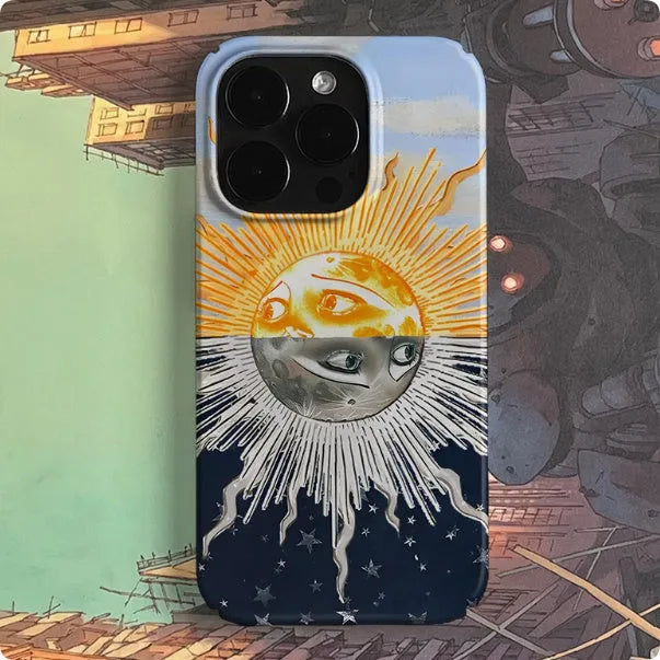Sun moon alternating art phone case for iPhone 14, scratch-resistant hard shell cartoon style with glossy finish