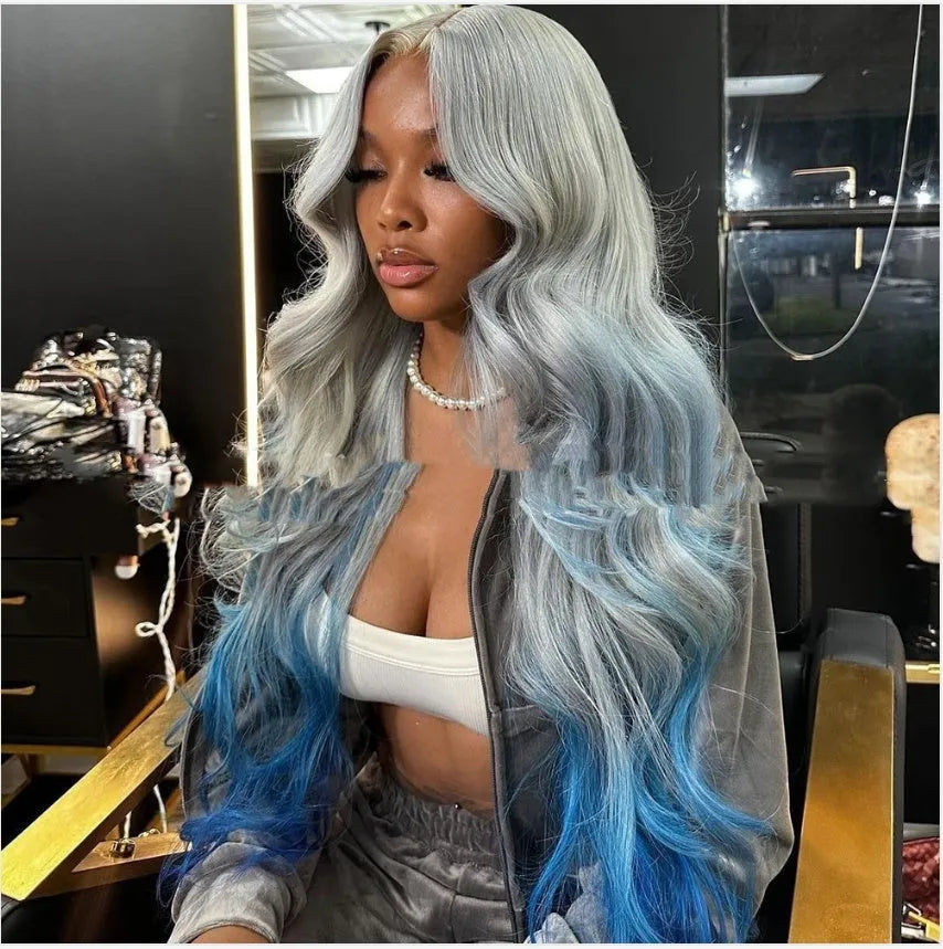 Gradient grey blue headgear wig with human hair in Ruili style