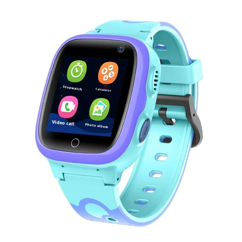Children's smart positioning watch with 1.44 screen, waterproof silicone ABS strap, touch button, pink or blue.