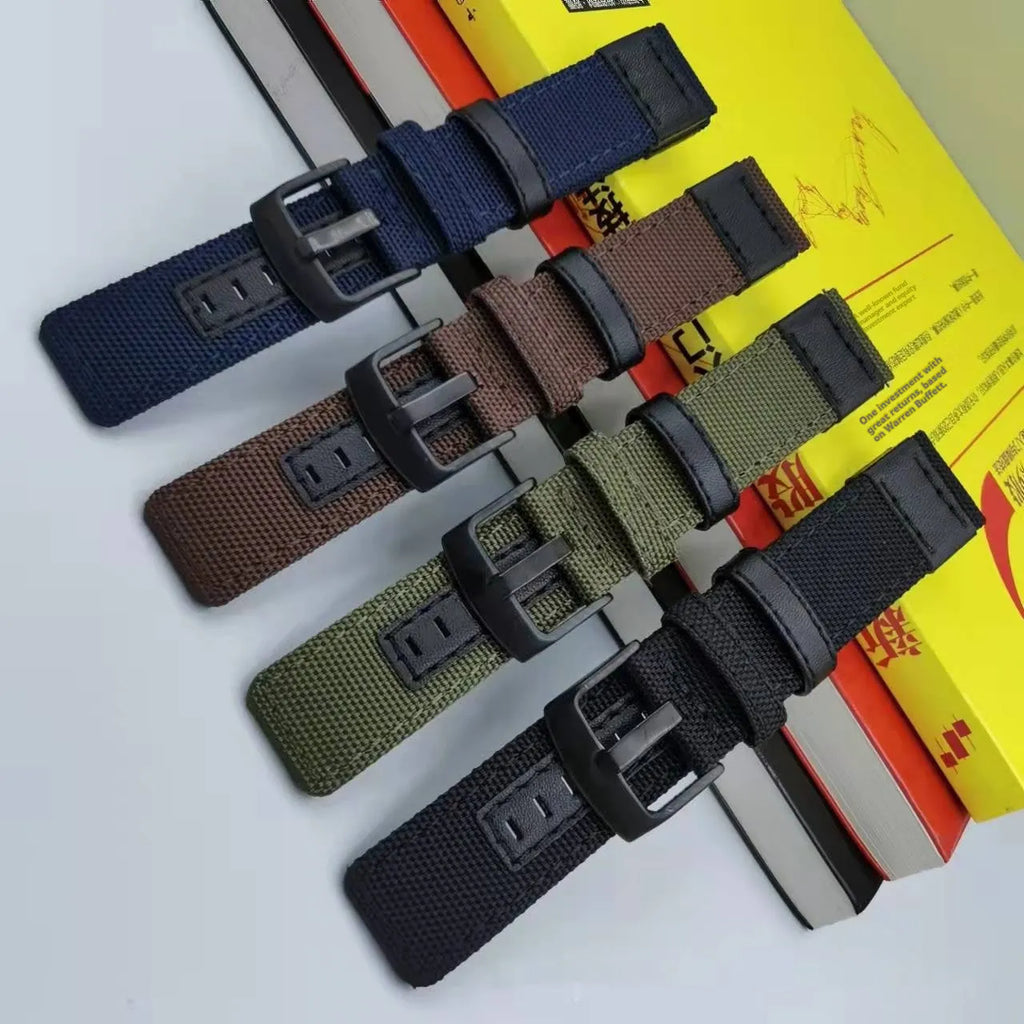 Oxford cloth canvas watch strap shown in camouflage colour, displaying the textured fabric and standard watch lugs.
