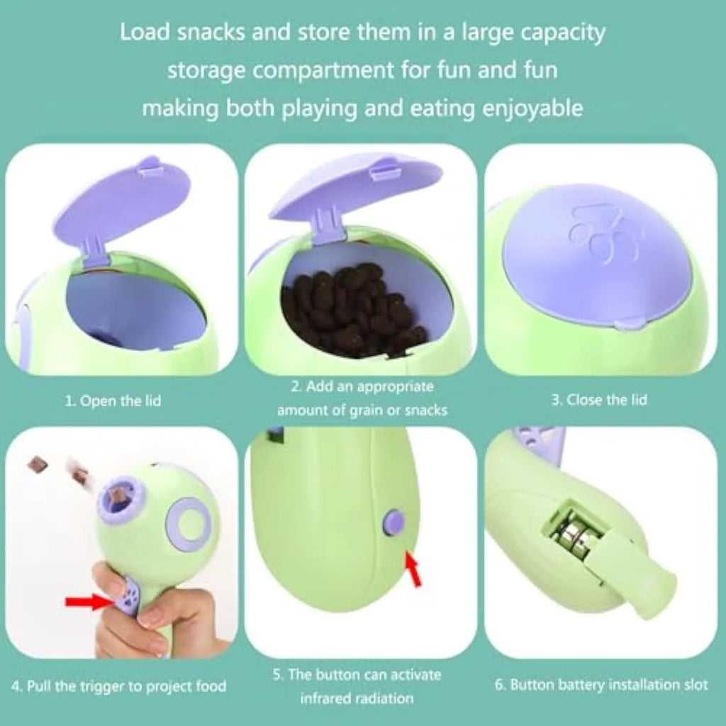 Green, orange, and pink dog treat launcher toy measuring 15.5 cm by 9 cm by 8.5 cm for remote feeding and training