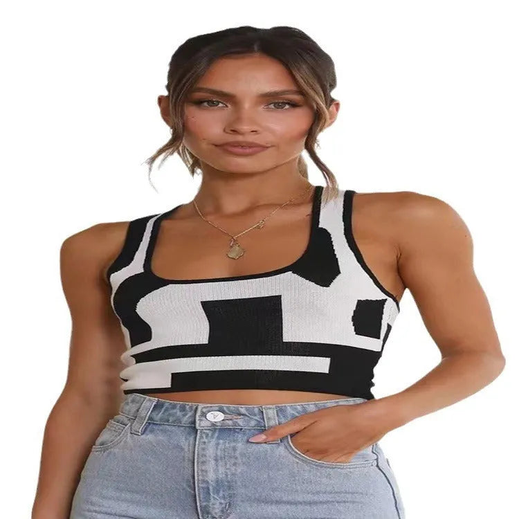 Women's slim fit camisole vest with U collar and exposed navel design in stretch polyester fabric.