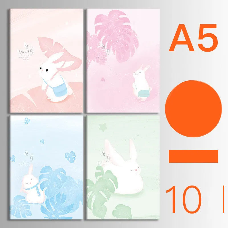 Pack of 10 A5 and B5 soft cover kraft paper notebooks with various designs, showing thread binding.