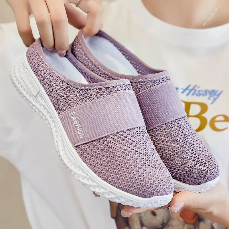 Women's mesh casual shoes with hollow-out design in black, grey, pink, and purple colour options