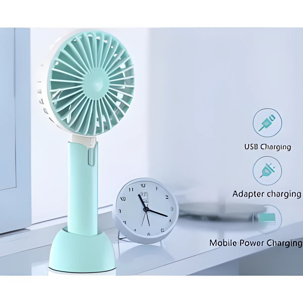 Blue handheld mini electric fan with USB cable and three-speed control on desktop