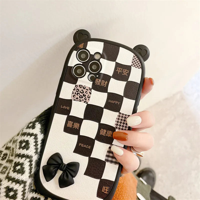 Black and white lattice bow silicone protective case for iPhone 13 12 11 XS XR