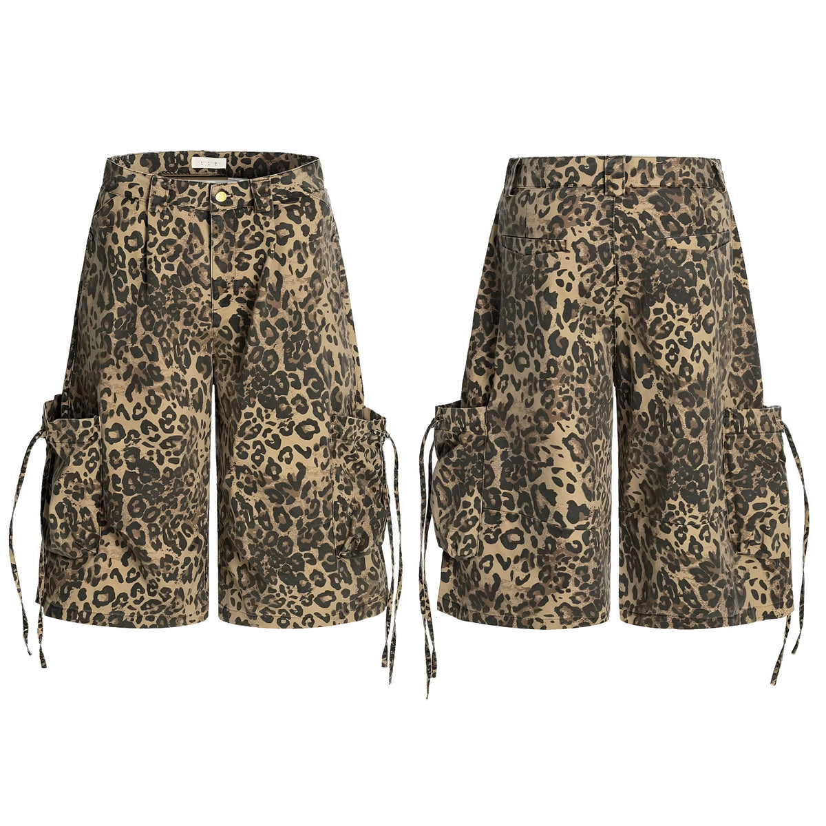 A pair of loose-fitting, high-waisted, straight-leg cropped pants in a leopard print pattern.