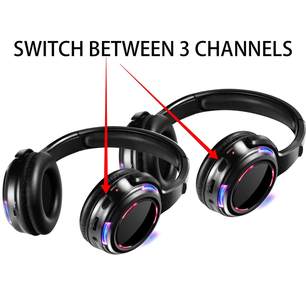 Black silent disco wireless headphones with over-ear design and built-in microphone