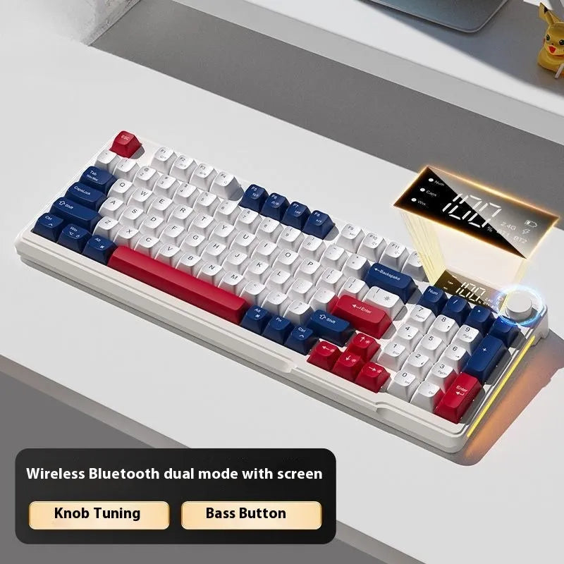 Blue and white wireless mechanical-feel keyboard and mouse set on a wooden desk