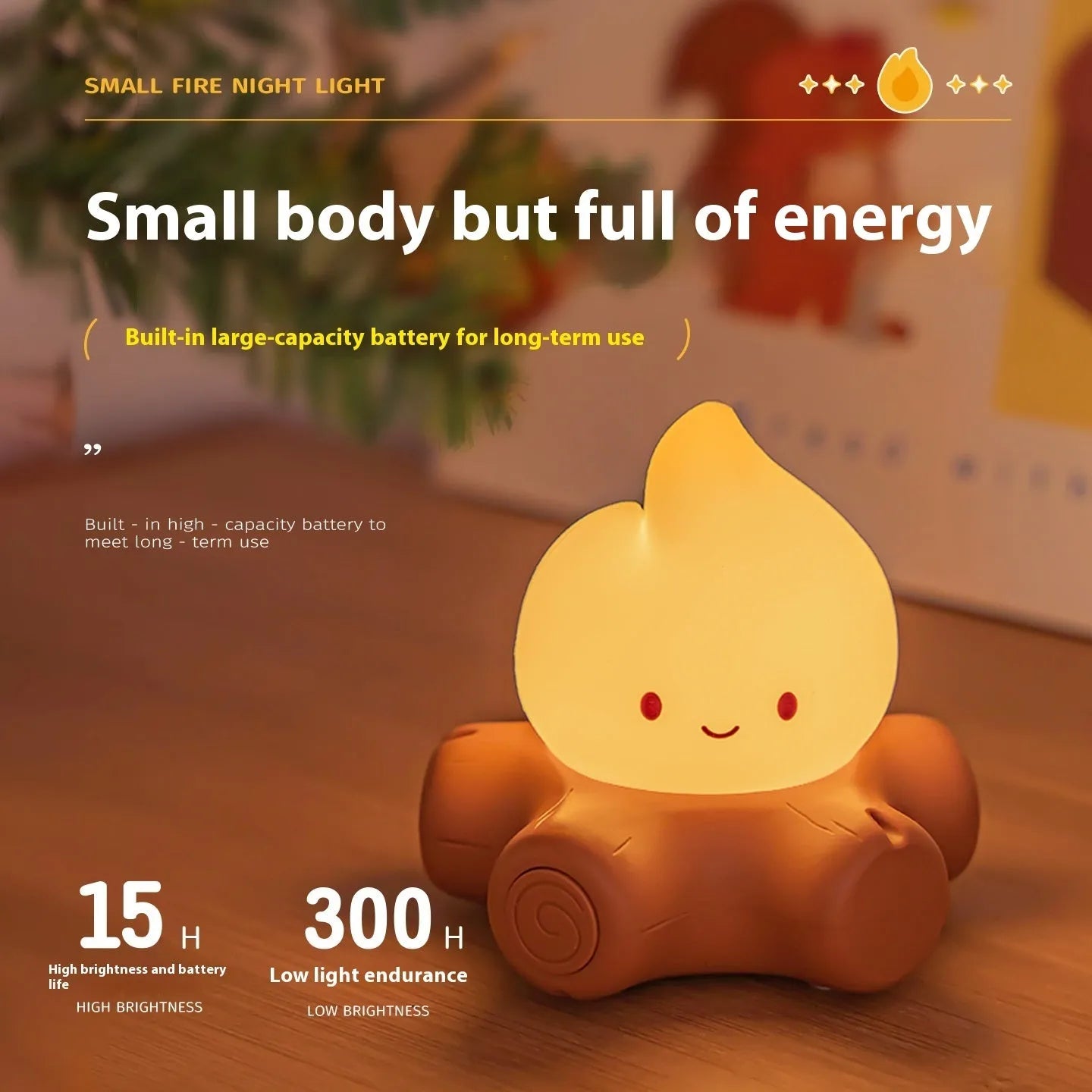 Cartoon silicone small fire pile night lamp showing yellow light illumination with ABS shade