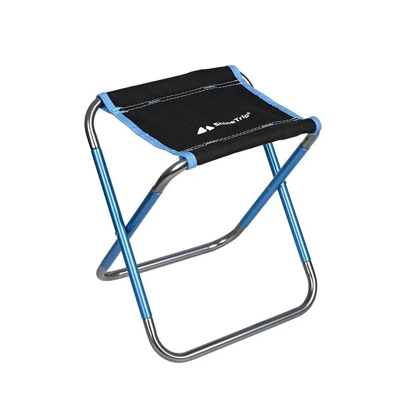 Black ethnic-style aluminium alloy folding stool shown in folded and unfolded positions.
