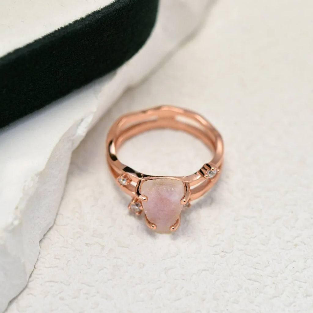 S925 silver geometric ring featuring an irregular triangle design with a moonstone, shown in rose gold, white gold, and yellow gold finishes.