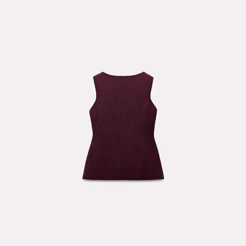 Dark red slim-fit sleeveless vest with gold buttons and a raised 3D pattern on a hanger.