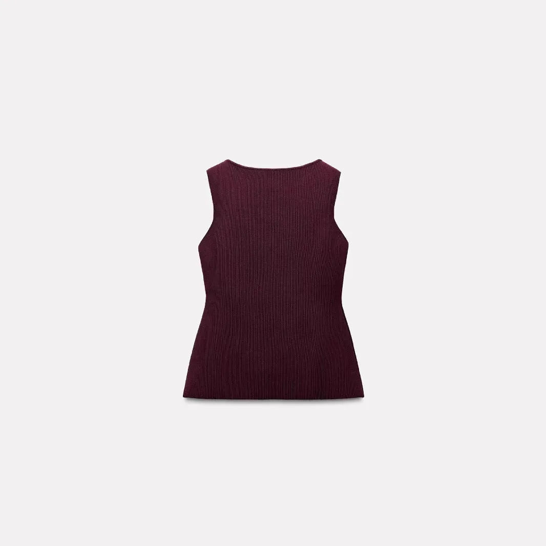 Dark red slim-fit sleeveless vest with gold buttons and a raised 3D pattern on a hanger.
