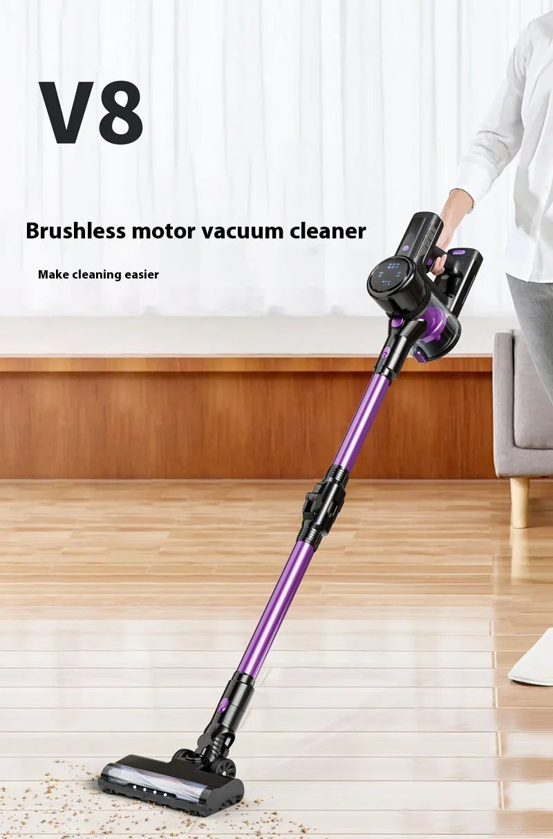 Handheld vacuum cleaner with brushless motor, foldable design, black and purple standard colour