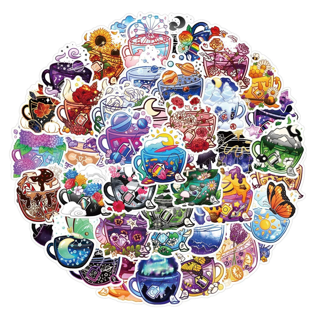 Colourful tea cup graffiti design waterproof stickers in a pack of 50 for DIY decoration.