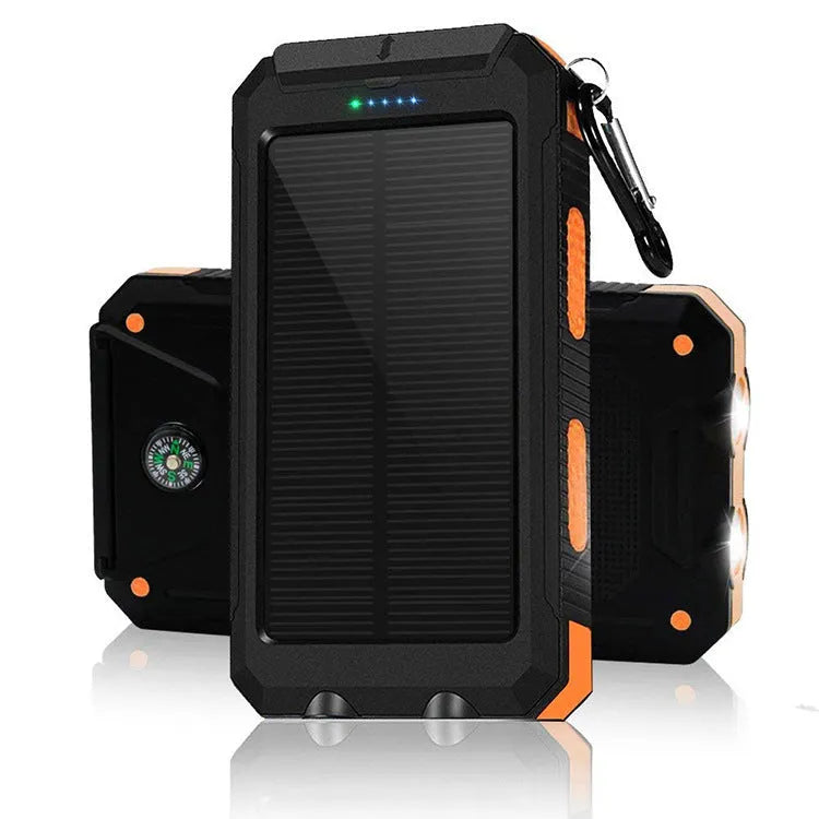 Solar power bank 8000mAh in black with built-in compass, PVC and silicone shell