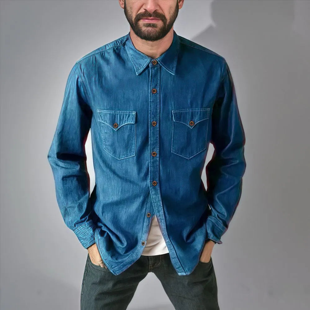 A long-line denim cardigan coat in a regular fit, shown in one of four available colours.