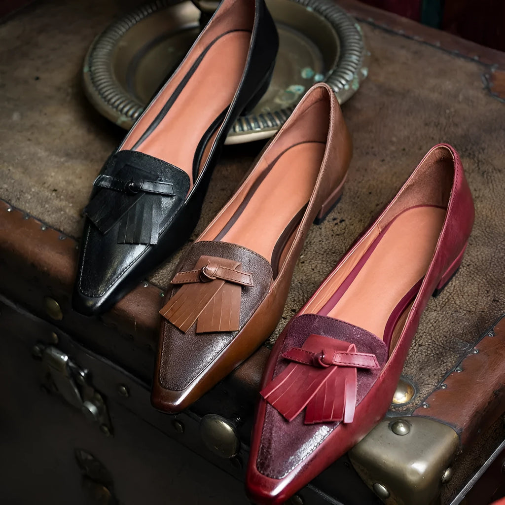 Cowhide retro women's flat loafers with pointed toe and tassel in black, light brown or wine red