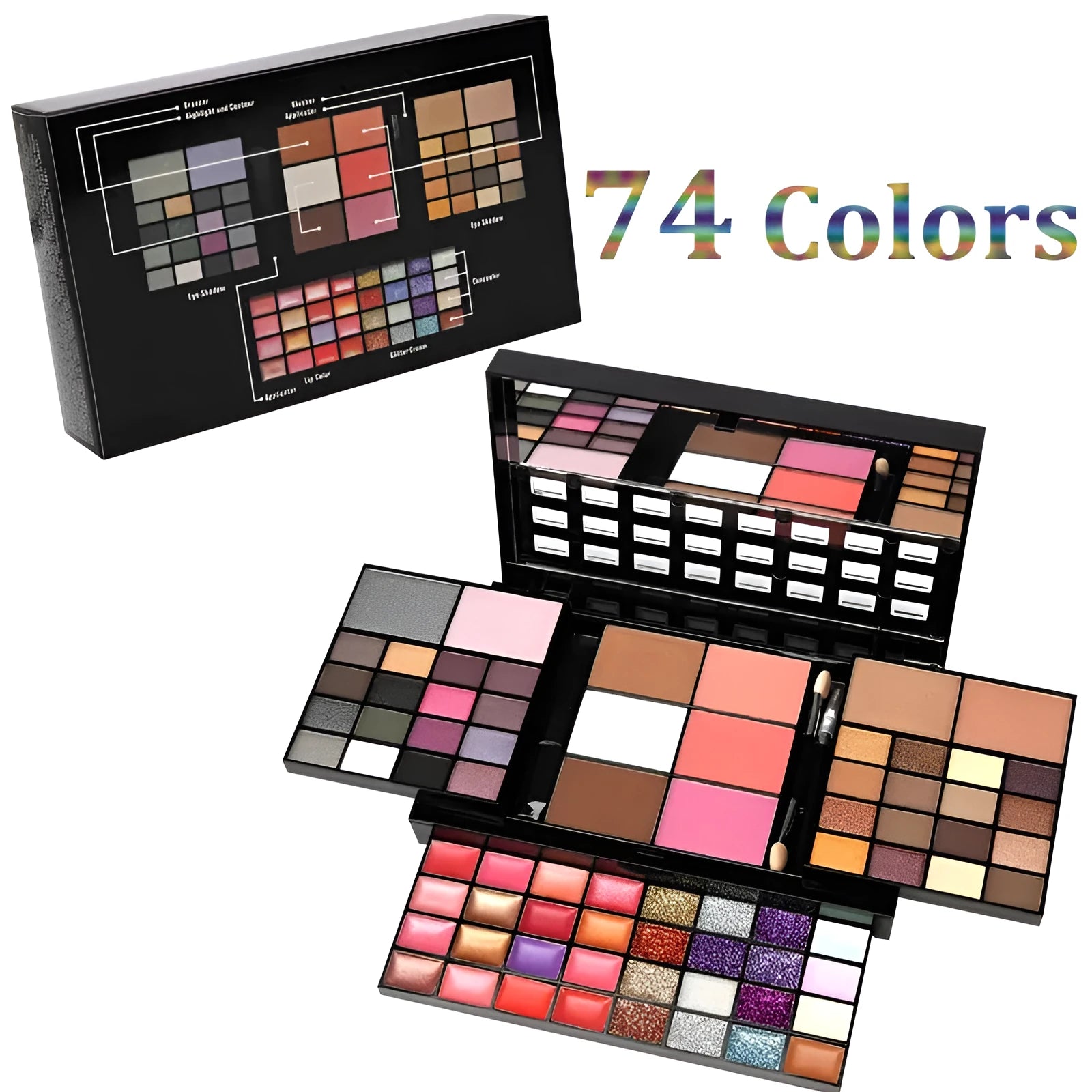 74 colour makeup palette open showing layered powder plates with eyeshadows, lip glosses, blush and contour, with mirror and brushes.