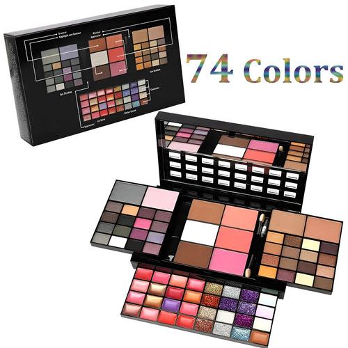 74 colour makeup palette open showing layered powder plates with eyeshadows, lip glosses, blush and contour, with mirror and brushes.