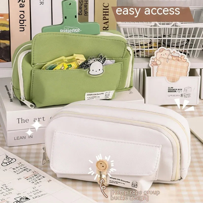 Korean style canvas pencil case in beige, blue, grey, and green colour options with large capacity for approximately 80 pens