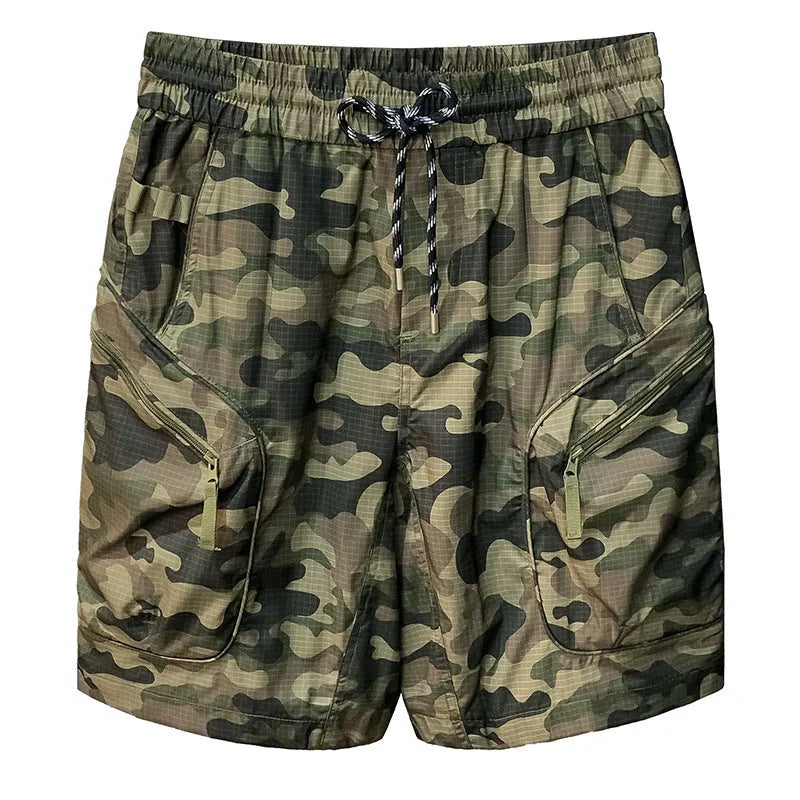 Men's camouflage pattern loose-fit cotton blend cargo shorts on a hanger