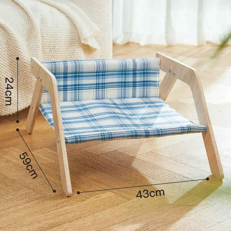 Wooden elevated cat bed with beach chair design and soft cloth hammock in blue colour