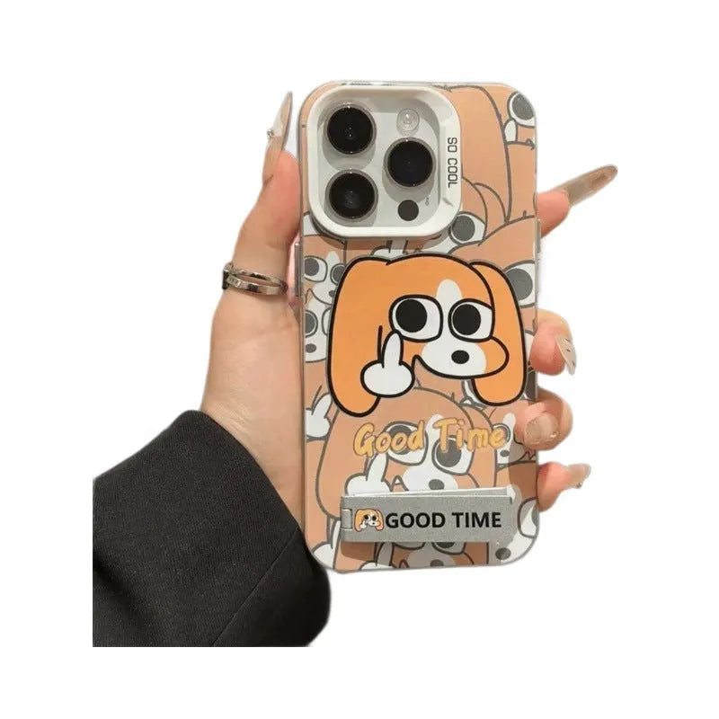 Dog pattern hard PC iPhone case with ribbon bracket and anti-fall double layer design