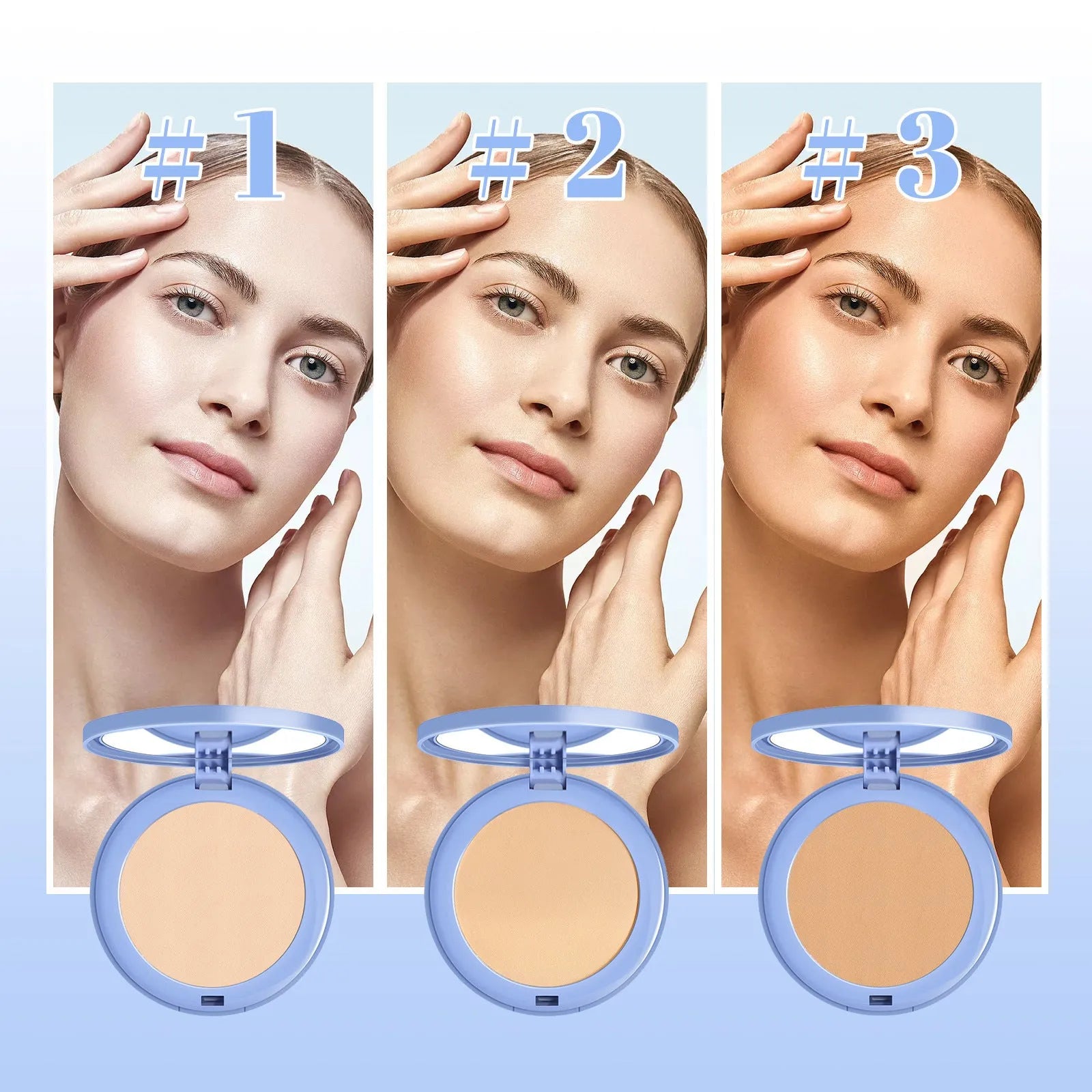8g compact of natural finishing powder for makeup setting in classic ivory, natural beige, or pure beige.
