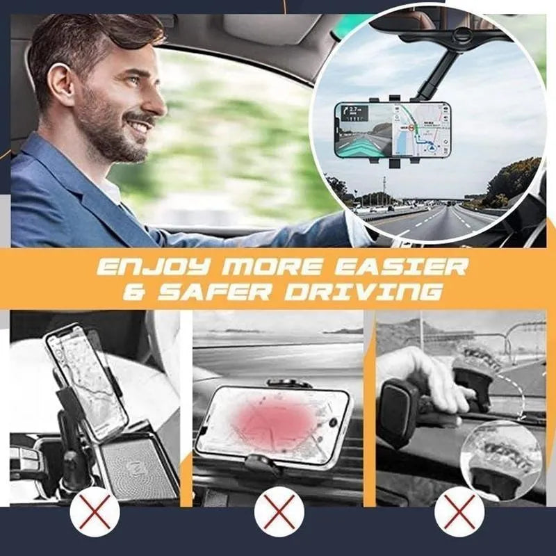 Black rearview mirror car phone holder with telescopic arm and 360° rotating joint on a car mirror.