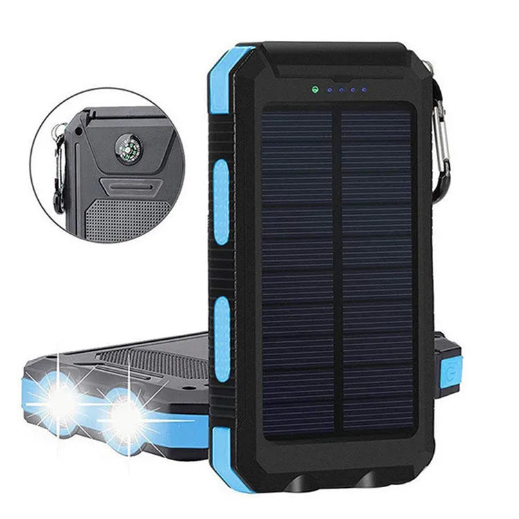 Solar power bank 8000mAh in black with built-in compass, PVC and silicone shell
