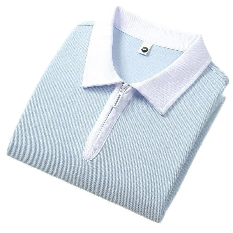 Nylon short sleeve polo shirt with zipper and lapel, solid colour, loose fit for teenagers