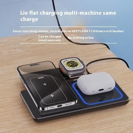 15W 3 in 1 foldable wireless charger stand in white or black with Type-C and dual coil, for phone, iWatch and AirPods Pro.