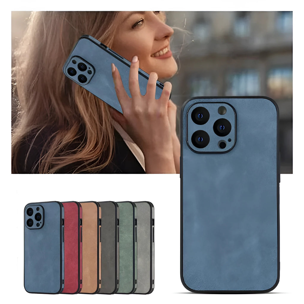 TPU skin phone case with imitation leather back for iPhone 14 in grey, showing rear camera cutout