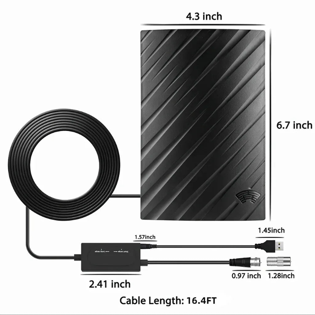Black indoor digital television antenna with amplifier next to mounting screws, tubes, cable ties, and adhesive tape.