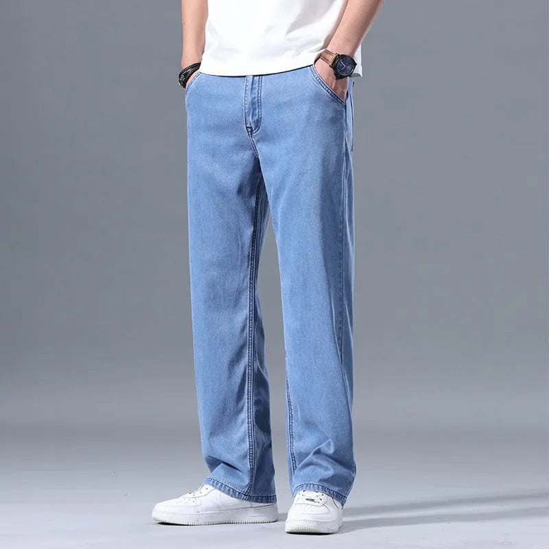 Men's loose fit straight-leg lyocell jeans in blue and grey colour variations