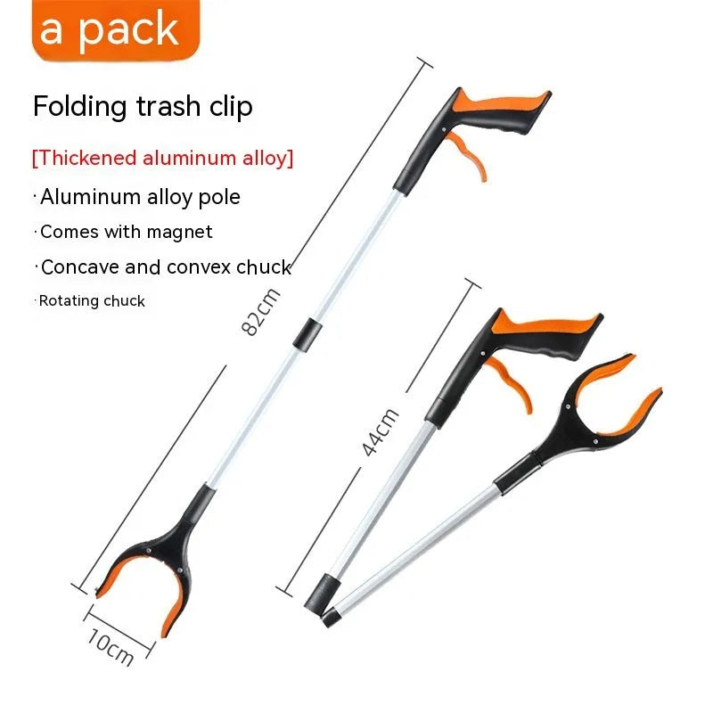 Blue plastic and aluminium alloy trash folder sewer pliers clamping a rubbish bag.