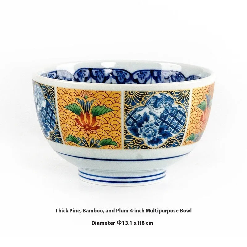 Japanese retro ceramic 4-inch bowl with peony pattern and underglaze finish