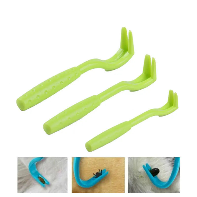 Set of three blue plastic tick removal hook tools for dogs and cats on a white background.